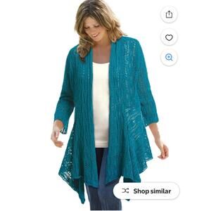 Woman Within Open Front Pointelle Cardigan Sweater Plus (2X) 26/28 4X Deep Teal